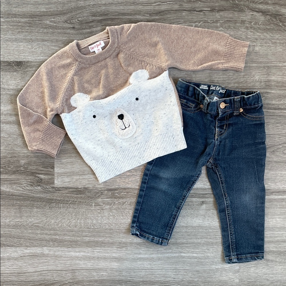 Cat & Jack baby boys bear sweater + denim jeans
